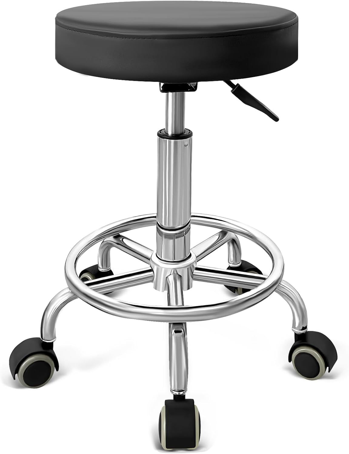 PU Leather Rolling Stool Chair with Wheels Adjustable Stool with Cushion Underneath Injection Moulded from ABS. Hospital, Tattoo, Massage, Office, Spa, Salon Stools（Black）