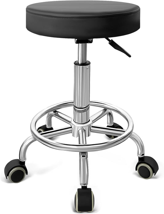PU Leather Rolling Stool Chair with Wheels Adjustable Stool with Cushion Underneath Injection Moulded from ABS. Hospital, Tattoo, Massage, Office, Spa, Salon Stools（Black）