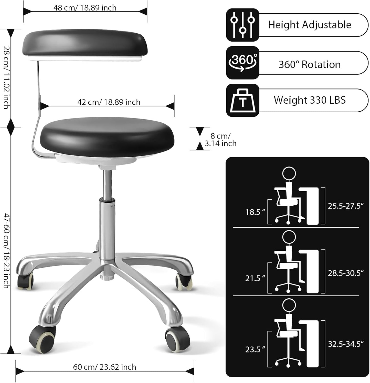 Medical Stool on Wheels with 360 Degree Swivel Armrests, Height Adjustable PU Leather Stool, Salon, Shop, Home and Dental Assistant Chair, Black