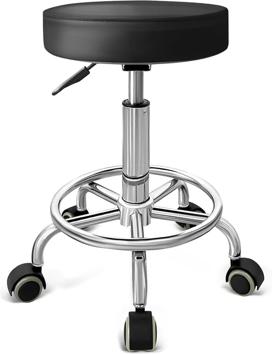 PU Leather Rolling Stool with Foot Rest Round Height Adjustment Swivel Spa Drafting Salon Tattoo Work Office Massage Vanity Stools Task Chair (Black)