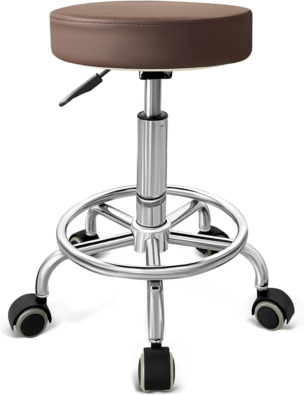 PU Leather Rolling Stool with Foot Rest Round Height Adjustment Swivel Spa Drafting Salon Tattoo Work Office Massage Vanity Stools Task Chair (Black)