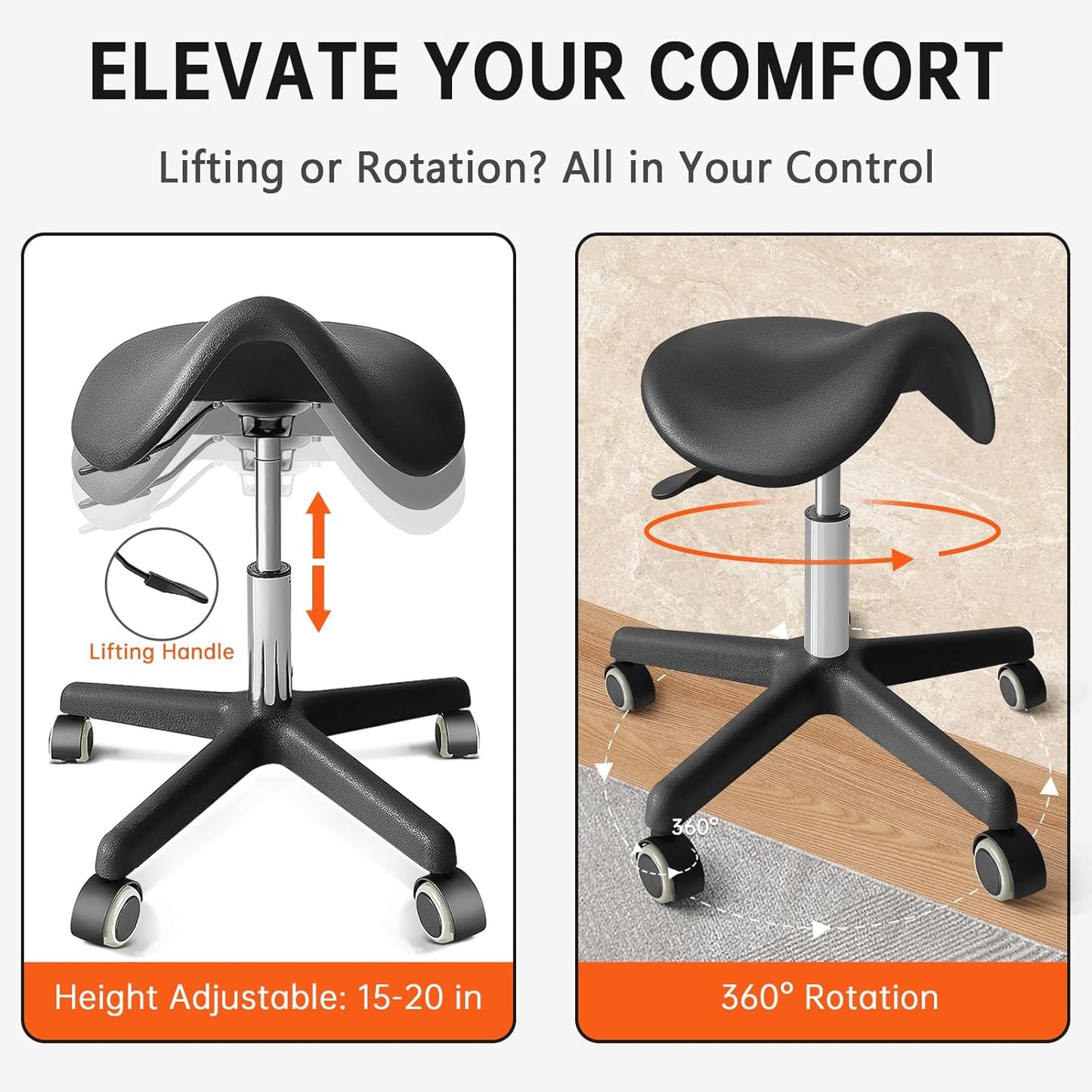 Saddle Stool with Wheels - Anti-Static Ergonomic Adjustable Rolling Stool for Salon, Spa, Office & Home - 360° Swivel Hydraulic Chair with Footrest, 330LB Capacity, Black