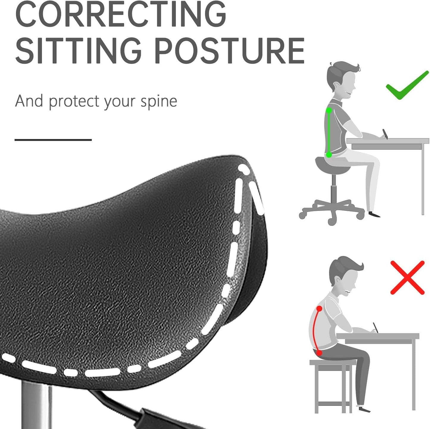 Saddle Stool with Wheels - Anti-Static Ergonomic Adjustable Rolling Stool for Salon, Spa, Office & Home - 360° Swivel Hydraulic Chair with Footrest, 330LB Capacity, Black