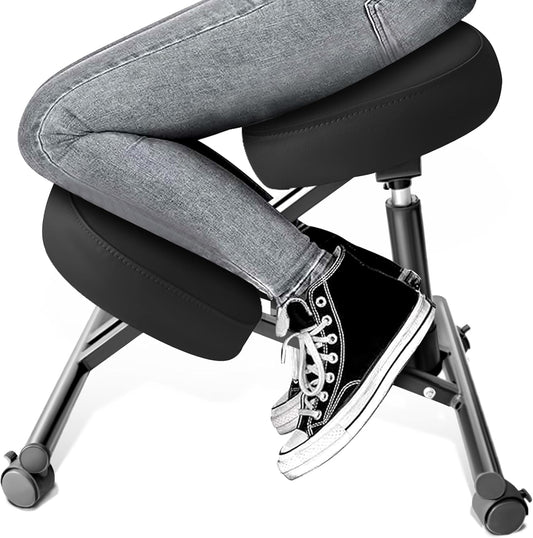 PU Leather Ergonomic Kneeling Chair, Adjustable Home and Office Stool with Thick Pads and Flexible Lockable Brake Wheels for Back Pain Relief(Black)