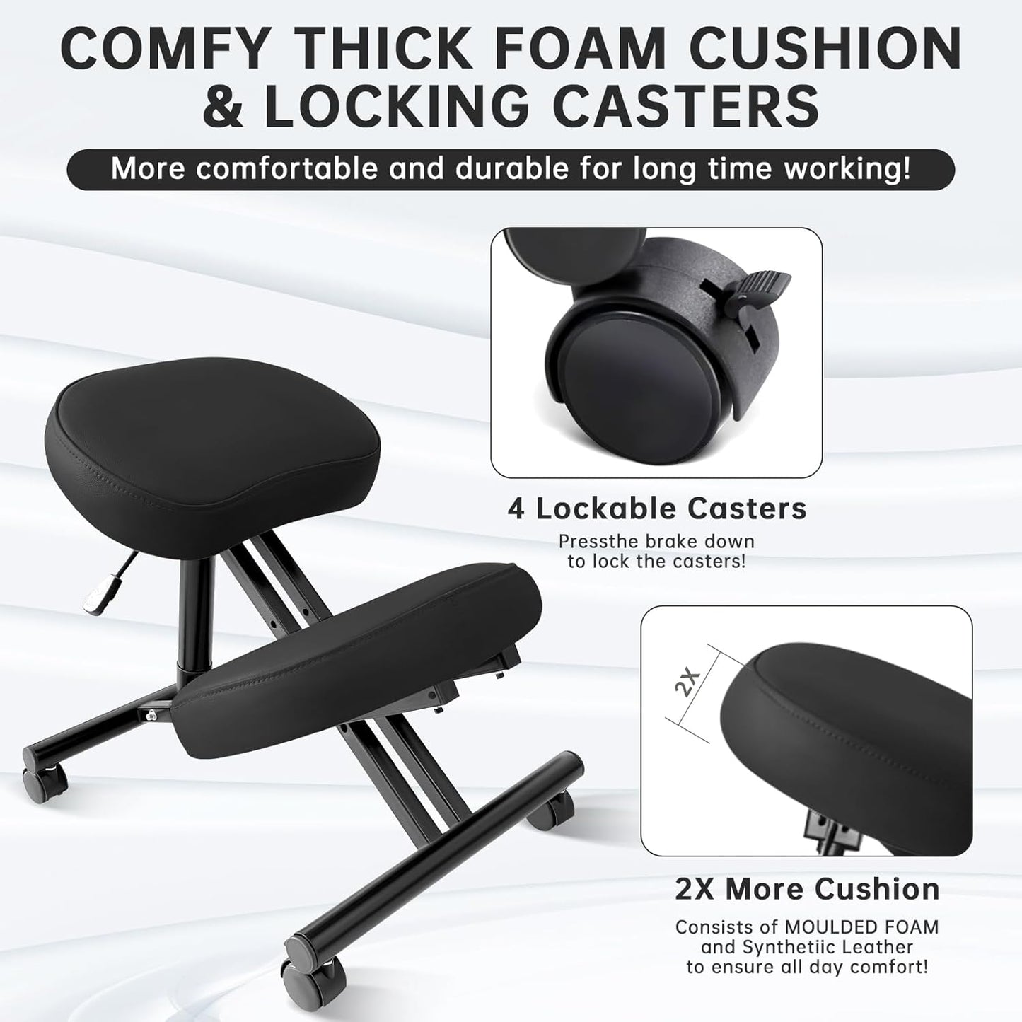 PU Leather Ergonomic Kneeling Chair, Adjustable Home and Office Stool with Thick Pads and Flexible Lockable Brake Wheels for Back Pain Relief(Black)