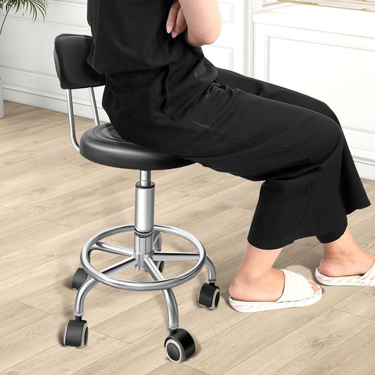 Chair with Wheels PU Leather, with Backrest, Height Adjustable, 360° Swivelling Armless Barstool with Footrest, Ideal for Pubs, Restaurants, Offices, Homes, Tattoos, Massages (Black)