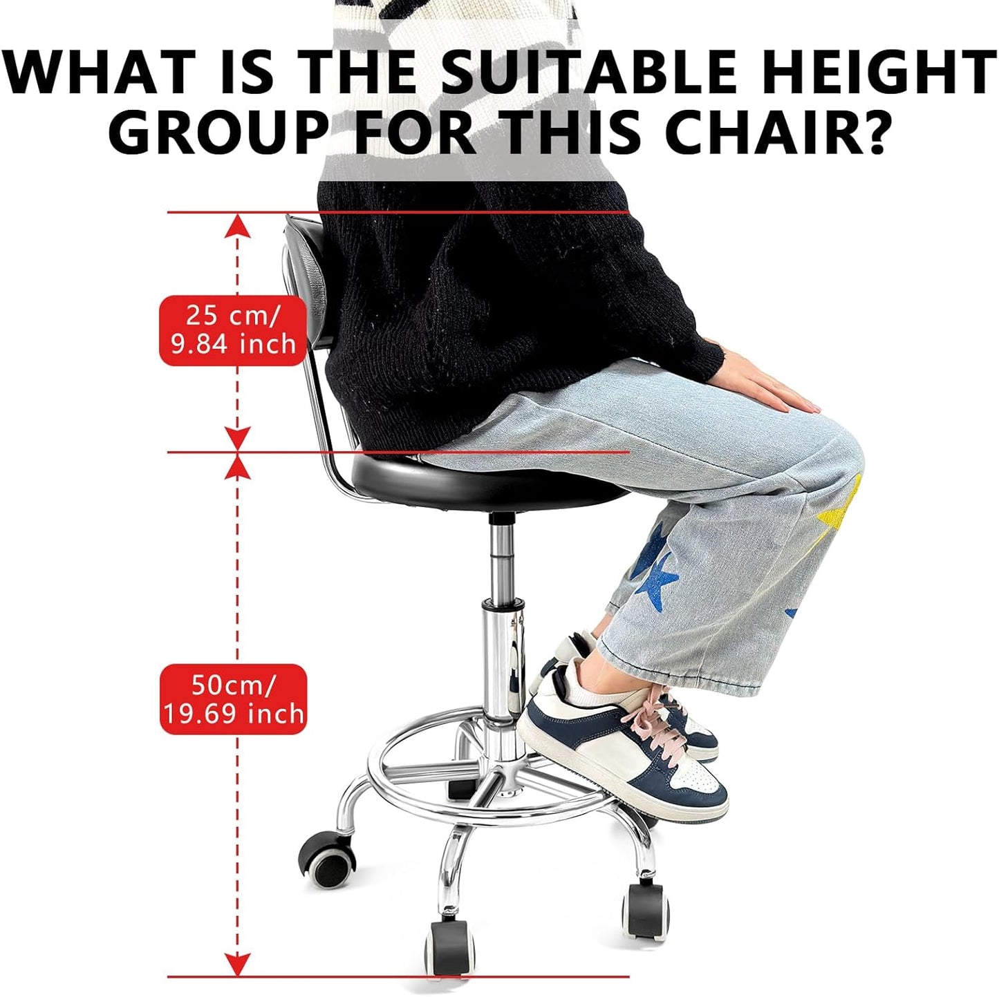 Chair with Wheels PU Leather, with Backrest, Height Adjustable, 360° Swivelling Armless Barstool with Footrest, Ideal for Pubs, Restaurants, Offices, Homes, Tattoos, Massages (Black)