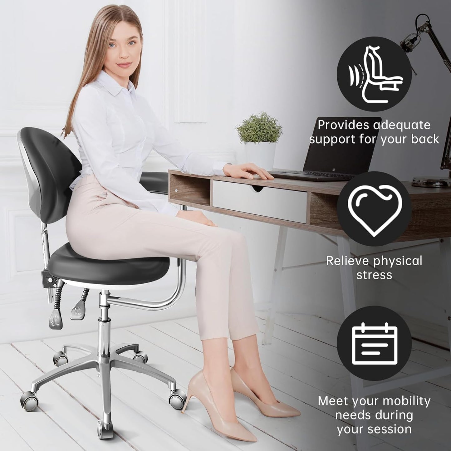Dental Assistant Chair PU Leather with Swivel Armrests, Rolling Dental Chair, Ergonomic Swivel Dentist's Stool with Backrest for Clinics, Tattoo, Home and Laboratory - Black