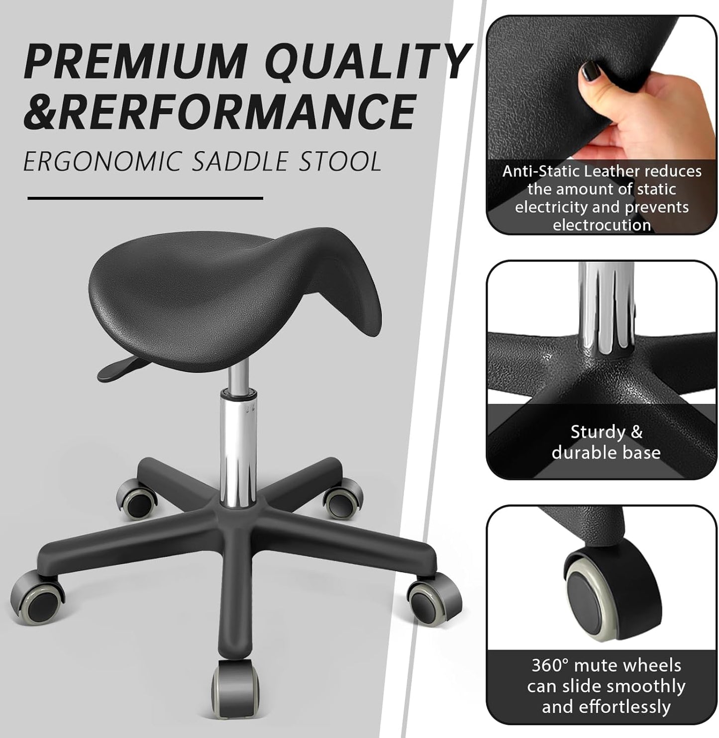 Saddle Stool with Wheels - Anti-Static Ergonomic Adjustable Rolling Stool for Salon, Spa, Office & Home - 360° Swivel Hydraulic Chair with Footrest, 330LB Capacity, Black