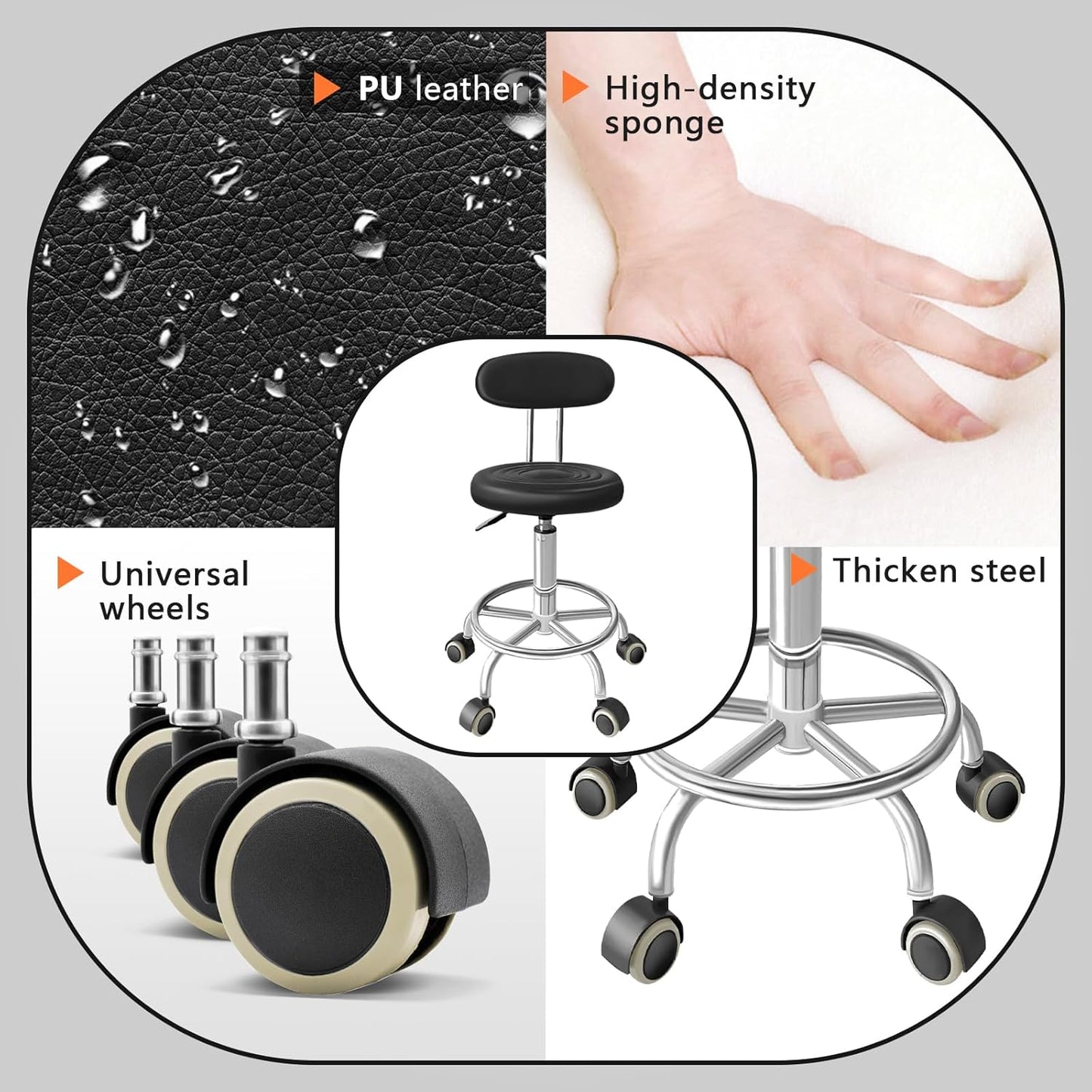 Chair with Wheels PU Leather, with Backrest, Height Adjustable, 360° Swivelling Armless Barstool with Footrest, Ideal for Pubs, Restaurants, Offices, Homes, Tattoos, Massages (Black)