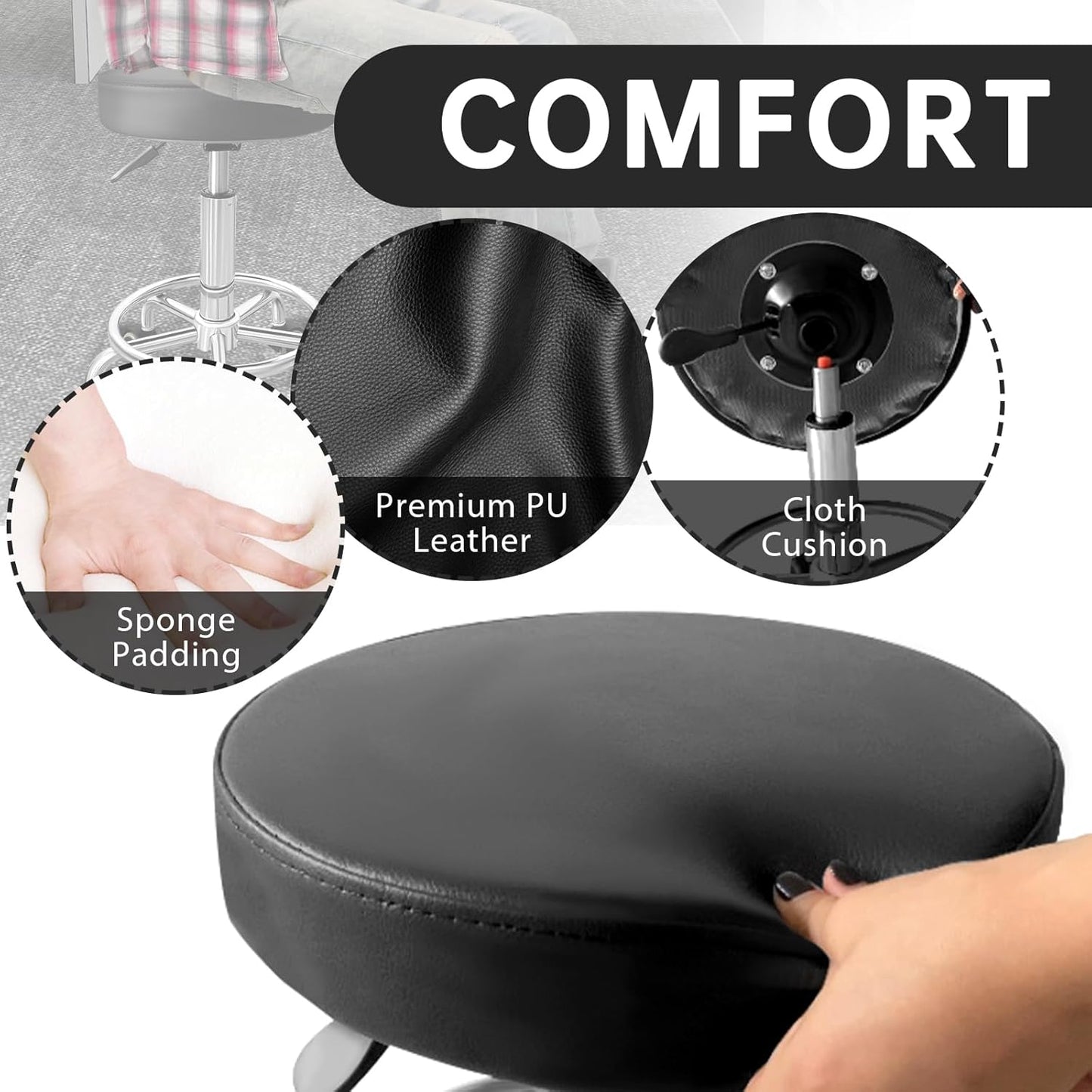 PU Leather Rolling Stool with Foot Rest Round Height Adjustment Swivel Spa Drafting Salon Tattoo Work Office Massage Vanity Stools Task Chair (Black)