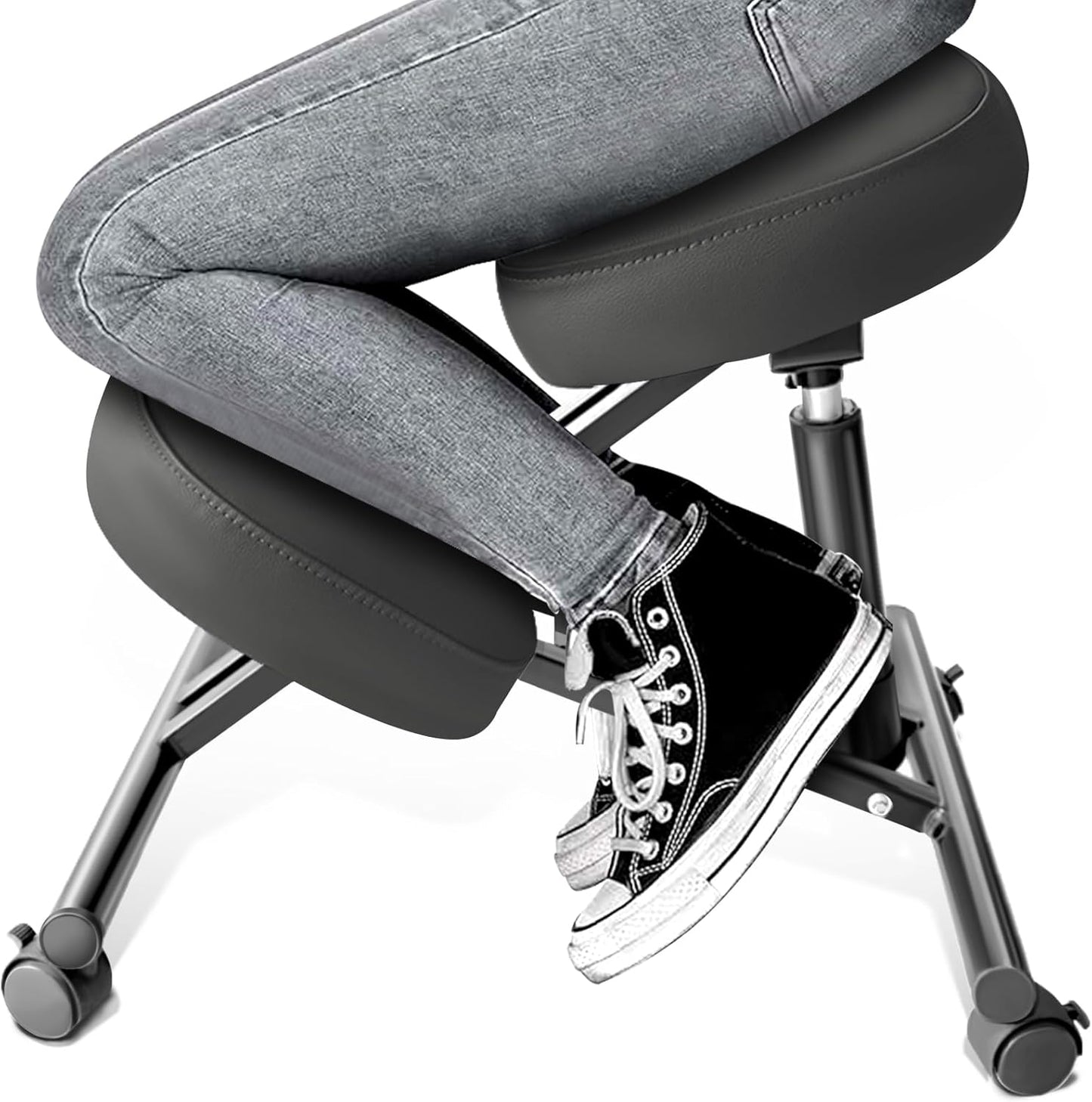 PU Leather Ergonomic Kneeling Chair, Adjustable Home and Office Stool with Thick Pads and Flexible Lockable Brake Wheels for Back Pain Relief(Black)