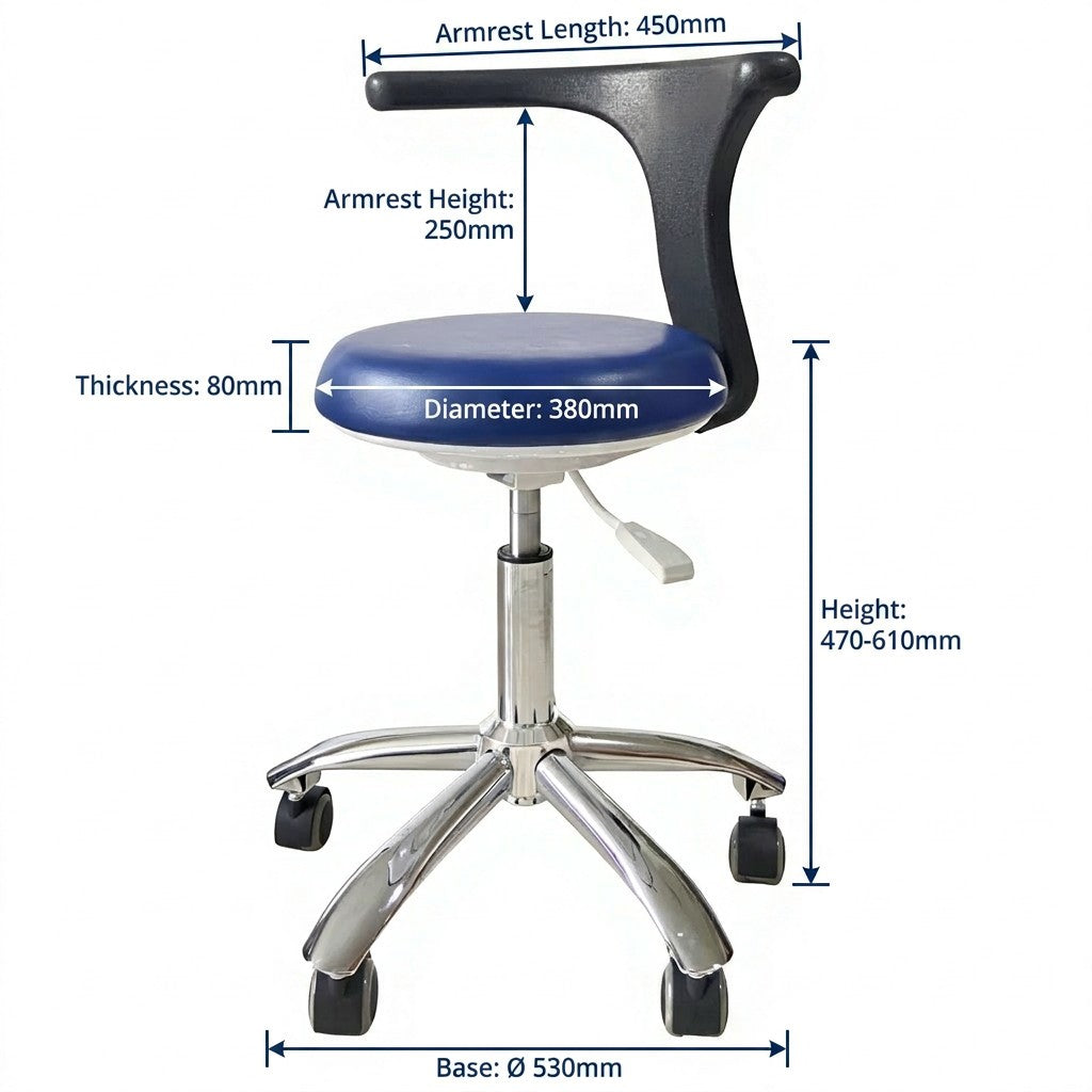 Dimensional drawing of the DTL-ZY-01 assistant chair: armrest length 450 mm, armrest height 250 mm, seat diameter 380 mm, seat thickness 80 mm, height 470-610 mm, base diameter 530 mm