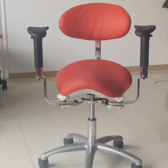 DTL-ZY-38 saddle seat dual-armrest surgeon's stool in red upholstery, seated-use demonstration video showing the armrests being operated