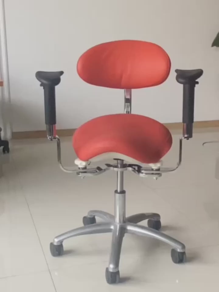 DTL-ZY-38 saddle seat dual-armrest surgeon's stool in red upholstery, seated-use demonstration video showing the armrests being operated