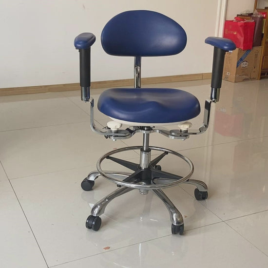DTL-ZY-47 dual-armrest surgeon's stool in blue upholstery, seated-use demonstration video