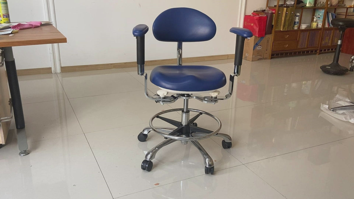 DTL-ZY-47 dual-armrest surgeon's stool in blue upholstery, seated-use demonstration video