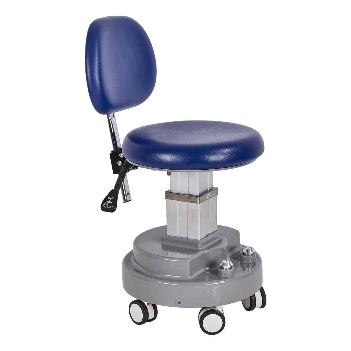 DTL-ZY-14 electric surgeon's stool in blue upholstery, three-quarter view showing the backrest, seat and height-adjustment pedal with the tool-free LIFT pedal fitted