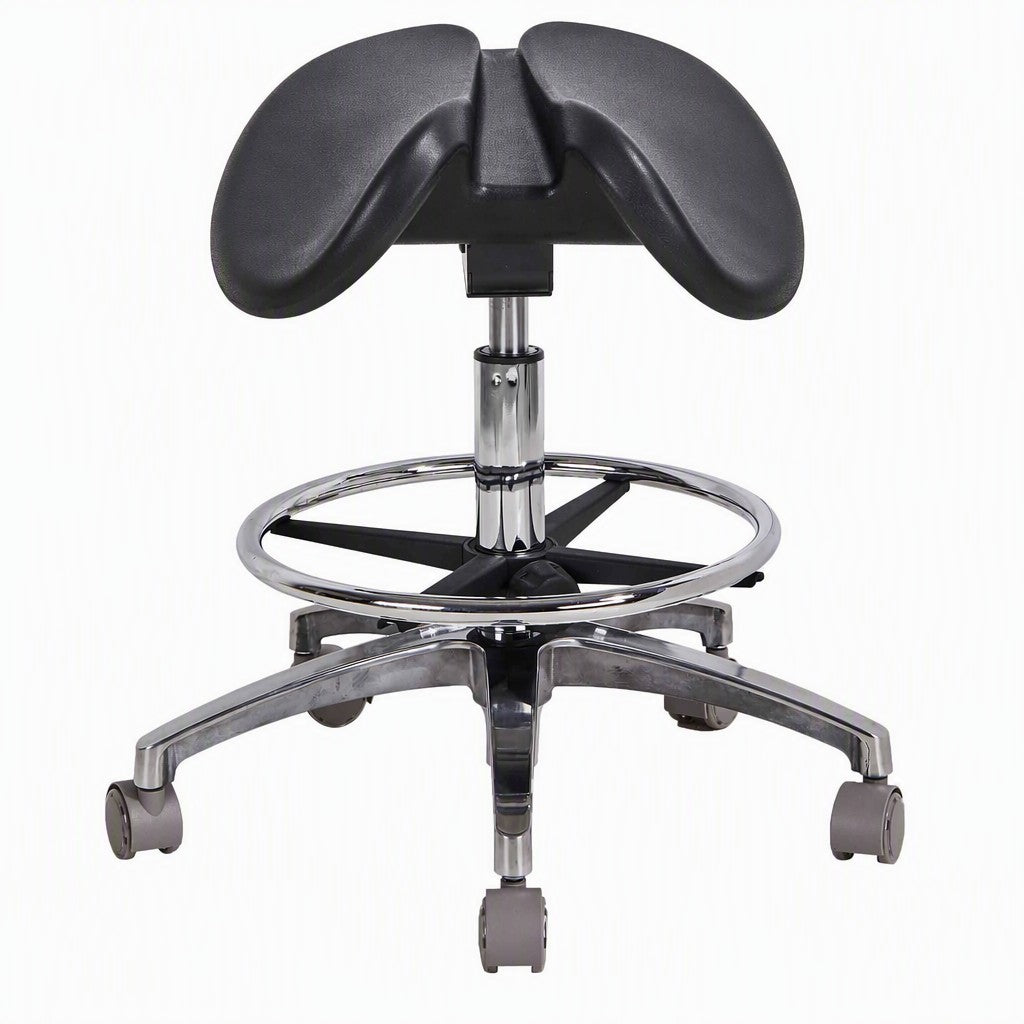 Medical stool with saddle seat and chrome foot ring