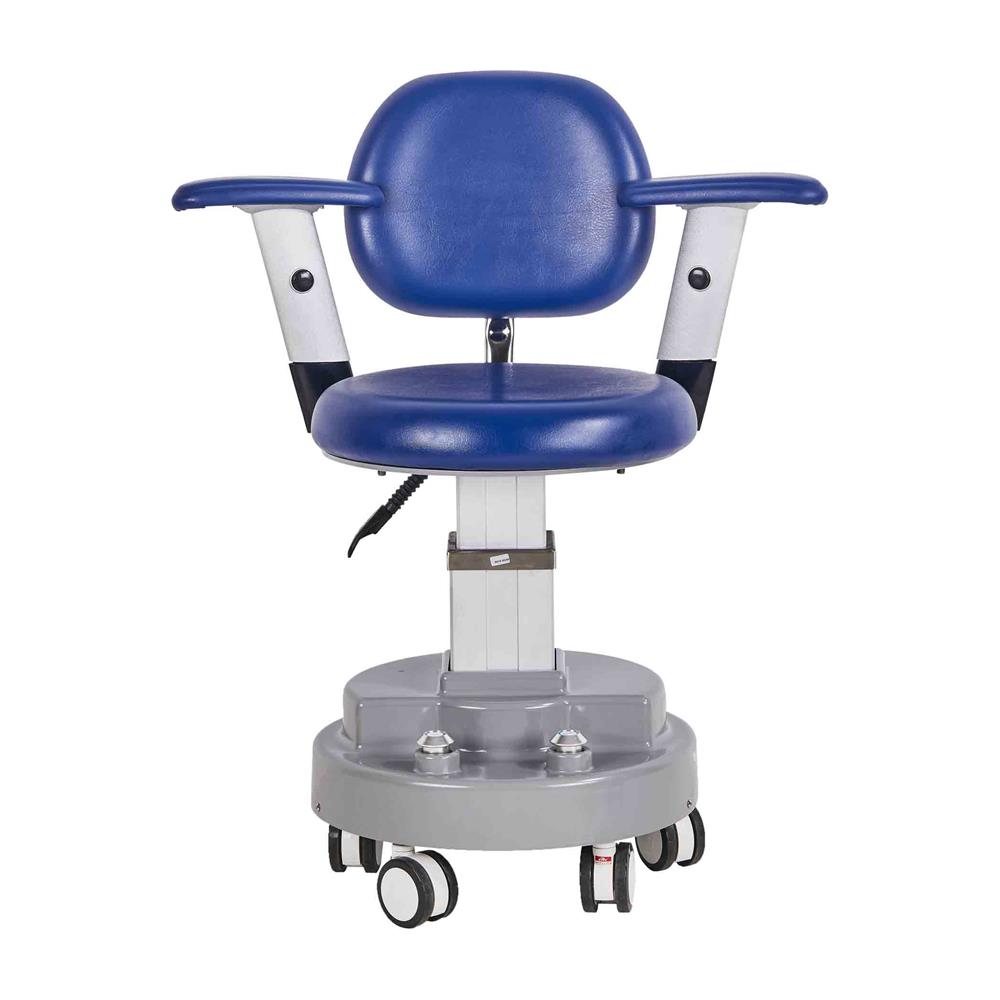 Surgeon's stool with backrest and dual armrests, electric lift